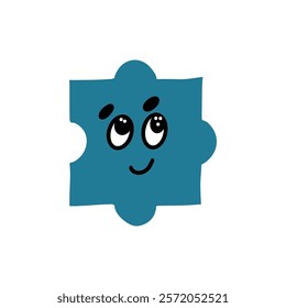 A single blue puzzle piece with a friendly cartoon face. Perfect for projects related to puzzles, problem-solving, childhood, and games.