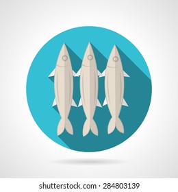 Single blue round flat color style vector icon for three sardines on gray background with long shadows.