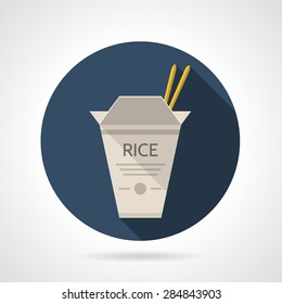 Single blue round flat design vector icon for gray rice cardboard pack with chopsticks for takeaway menu on gray background with long shadows.