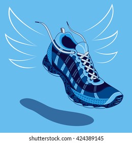 Single blue sneaker or sports shoe with flying laces floating above a drop shadow over a light blue background, vector illustration