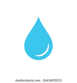 A single blue water drop icon, symbolizing water, liquid, aqua, and nature, is isolated on a white background. It provides a clean, modern, and minimalist aesthetic.