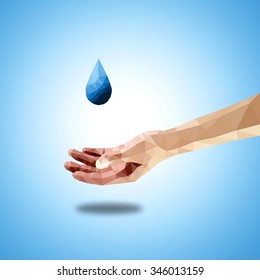 A single blue water-drop drip onto an open hand, low poly vector illustration.
