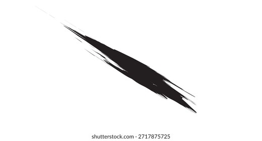 A single, bold black brush stroke resembling a scratch or tear, isolated on a clean white background.