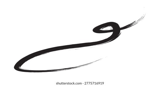 A single, bold black brush stroke with a distinct swirl and a delicate, wispy tail on a white background.