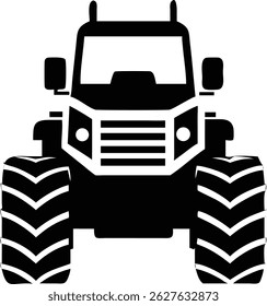 Single, bold, black vector graphic illustrates the front of farm tractor with large tires on a white background, detailed in a minimalist style.