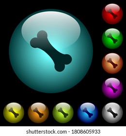 Single bone icons in color illuminated spherical glass buttons on black background. Can be used to black or dark templates