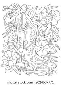 Single Boot Placed On A Flowery Background Colorless Line Drawing. One Shoe Beside Flowers And Leaves Coloring Book Page.