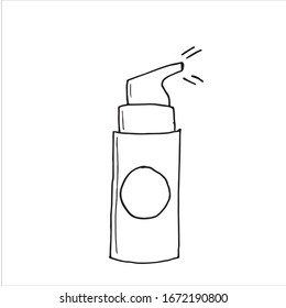 Single bottle with dispenser for cosmetic liquid emulsion foundation, isolated on white background. Simple hand drawn vector illustration in cartoon doodle style with copy space.