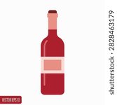 A single bottle of rich dark red wine standing upright with a natural cork stopper