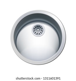 Single Bowl Round Stainless Steel Sink. Vector Photo Realistic Illustration Isolated On White