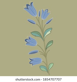 Single branch of bluebell flower. Folk style. Cute floral design.