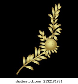 Single branch of crowberry or blackberry with one berry. Empetrum nigrum. Golden glossy silhouette on black background.