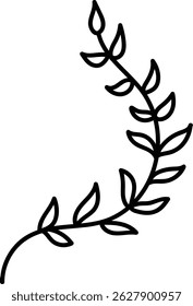 A single branch with leaves is depicted in a bold outline style.  The curving stem features small, pointed foliage and a delicate bud at its peak. Cartoon vector illustration