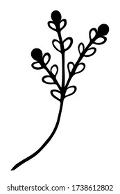 Rama única con hojas en tinta aislada sobre fondo blanco. Elemento decorativo de vector dibujado a mano en estilo doodle para invitación y decoración de boda, postal, volante, banner o sitio web