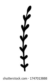 Einzeler Zweig mit Blättern in Tinte isoliert auf weißem Hintergrund. Handgezeichnetes Vektor dekoratives Element im Doodle-Stil für Hochzeitseinladung und Dekoration, Postkarte, Flyer, Banner oder Website