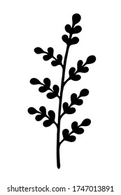 Single branch with leaves in ink Isolated on white background. Hand drawn vector decorative element in doodle style for wedding invitation and decoration, postcard, flyer, banner or website