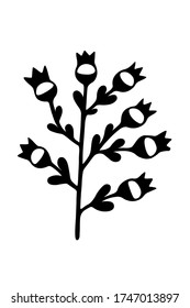 Single branch with leaves in ink Isolated on white background. Hand drawn vector decorative element in doodle style for wedding invitation and decoration, postcard, flyer, banner or website