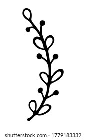 Single branch with leaves in ink Isolated on white background. Hand drawn vector decorative element in doodle style for wedding invitation and decoration, postcard, flyer, banner or website