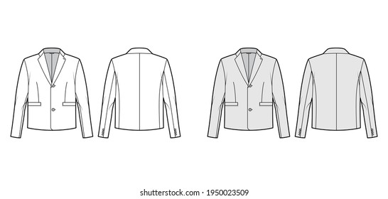 Single breasted jacket suit technical fashion illustration with long sleeves, notched collar, flap welt pockets. Flat coat template front, back, white, grey color style. Women, men, unisex CAD mockup