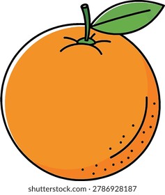 A single, bright orange fruit with a textured peel and a green leaf attached to its stem, depicted in a clean, illustrative style.
