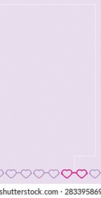 A single bright pink pair of heart-shaped glasses stand out among a row of soft purple glasses at the bottom of the vertically oriented page.