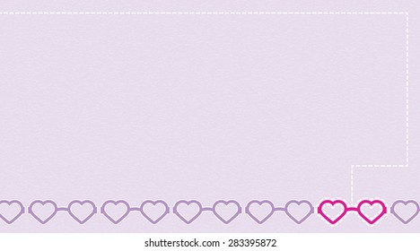 A single bright pink pair of heart-shaped glasses stand out among a row of soft purple glasses at the bottom of the horizontally oriented page.