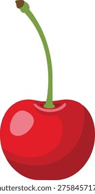 A single, bright red cherry with a glossy surface and a long, curved green stem. The cherry is isolated on a white background.