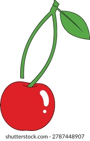 A single, bright red cherry with a glossy finish, attached to a curved green stem with a single green leaf.