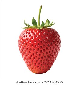 Una sola fresa madura de color rojo brillante con un tallo y hojas verdes se muestra sobre un fondo blanco.