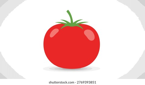 A single, bright red tomato with a green stem, set against a clean white background, showcasing its fresh and natural appearance.