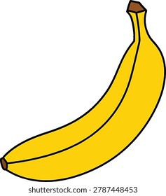 A single, bright yellow banana with a distinct black outline, presented against a plain white background.