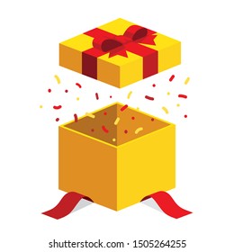 Buzón simple abierto amarillo / cuadrado presente con el diseño de ilustración isométrica plano de la cinta roja, sorpresa con confetti, icono de la aplicación de la interfaz vectorial ui ux botón web aislado en fondo blanco