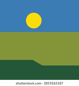 Single bright yellow sun shining in a cloudless bright blue sky with green landscape below