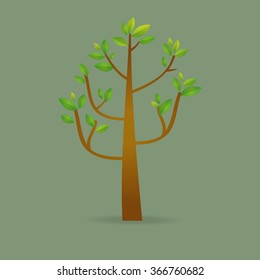 Single brightly green tree isolated on green  background. Vector illustration 