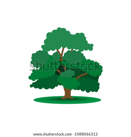 Single brightly green tree isolated on white background. Stylized lone tree with green leaves and long branches with shadow. Image is a vector illustration.