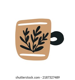Single brown ceramic coffee or tea cup with ornament isolated on a white background. Hand drawn flat vector illustration in childish style. Graphic element for your t shirt, greeting design.