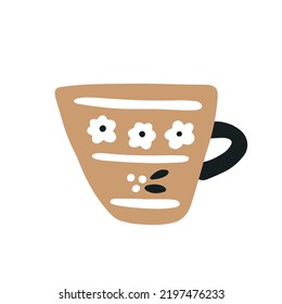 Single brown ceramic coffee or tea cup with ornament isolated on a white background. Hand drawn flat vector illustration in childish style. Graphic element for your t shirt, greeting design.