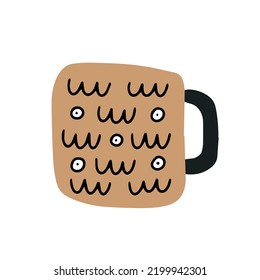 Single brown ceramic coffee or tea cup with ornament isolated on a white background. Hand drawn flat vector illustration in childish style. Graphic element for your t shirt, greeting design.