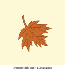 Single brown maple autumn leaf on beige background, vector illustration
