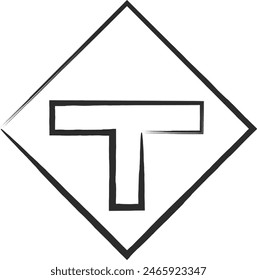Single brush-drawn illustration of a simple sign with a T-shaped road intersection