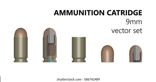 Single bullet. 9mm bullet on a white background. Design element. The three-dimensional object from different angles. The cartridge in the section. The structure of the munition. Vector illustration.