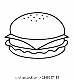 Single burger, hamburger, cheeseburger line icon in linear style isolated on white background. Pictogram symbol and illustration for logo. Thin black line vector.