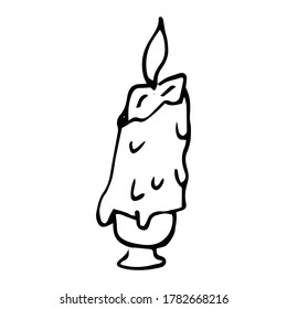 Single burning candle and flowing candle wax. Hand draw vector illustration isolated on white. Drops of wax froze on the sides. 