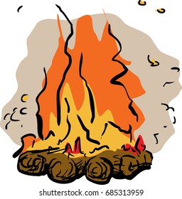 Single burning hot campfire illustration over white background