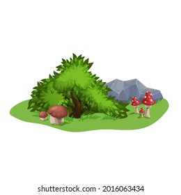 Single bush in cartoon style. Green shrub on the grass among stones and musrooms. Botanical and ecological illustration. Best for education and game needs. Vector drawing isolated on white background.