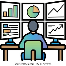 Single Business Analyst Icon Working with Multi-Monitor Dashboard, Modern Gradient Line Art Vector of Financial Trader, Data Specialist, and Professional Monitoring Market Trends