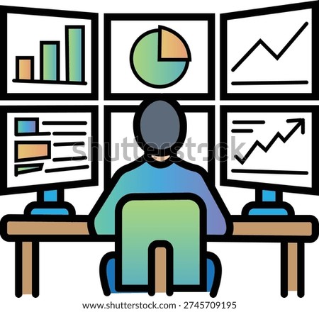 Single Business Analyst Icon Working with Multi-Monitor Dashboard, Modern Gradient Line Art Vector of Financial Trader, Data Specialist, and Professional Monitoring Market Trends