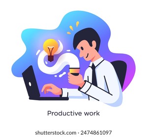Single business illustration of a man sitting in front of laptop holding a cup of coffee. Business man. Office worker.