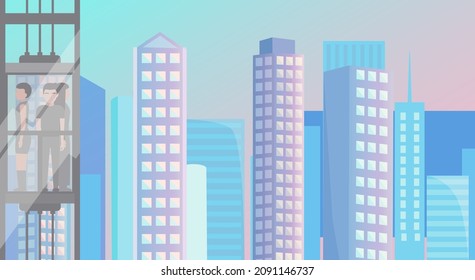 Single cabin with lifting mechanism. Modern lift for transporting people. Transparent elevator with passengers inside on background of modern city with skyscrapers. Cartoon characters riding elevator