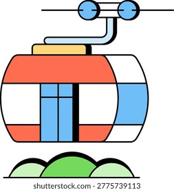 A single cable car gondola hangs from a wire above rolling hills. This represents mountain tourism and scenic transportation for outdoor adventures.